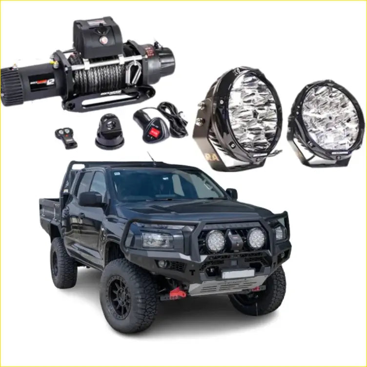 Black rugged Mitsubishi mv triton 2024 ute with Rockarmor gt hoop bullbar combo pack and offroad 4wd tires
