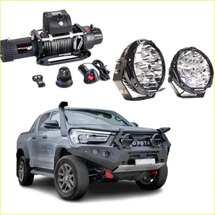 Black rugged offroad 4wd winch with coiled steel cable and remote in rockarmor gt hoop bullbar for toyota hilux ute