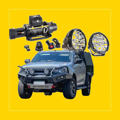 Black and silver steel rockarmor gt hoop bullbar combo on rugged isuzu dmax 2024 with led lights and side steps