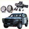 Black rugged winch system with coiled steel cable and remote controls on rockarmor gt hoop steel bullbar for 4wd ute offroad