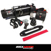 Black rockarmor 12,000-pound electric winch with coiled rope and controls for offroad 4wd ute in isuzu dmax bullbar package