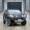 Black isuzu d-max ute with rockarmor gt hoop steel bullbar combo package featuring rugged front bumper and offroad tires