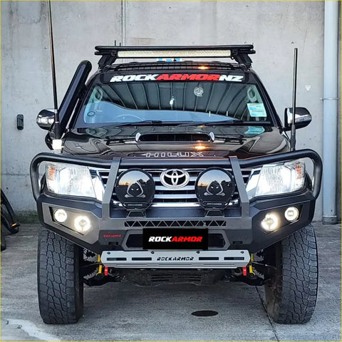 Black Toyota Land Cruiser with Rockarmor gt hoop steel bullbar combo for tough offroad 4wd and ute use
