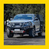 Silver and black steel rockarmor gt hoop bullbar on isuzu dmax 2024 with rugged front bumper and custom canopy