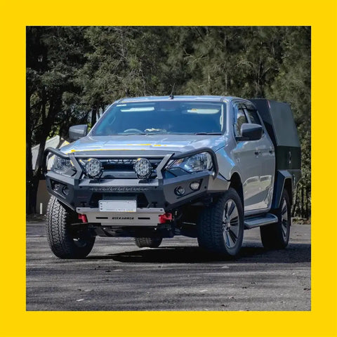 Silver and black steel rockarmor gt hoop bullbar on isuzu dmax 2024 with rugged front bumper and custom canopy