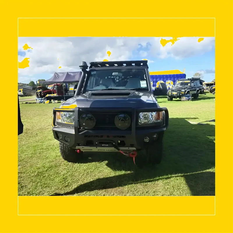 Black armored steel rockarmor gt hoop bullbar with rugged front bumper and roof rack for toyota landcruiser 78 troopy