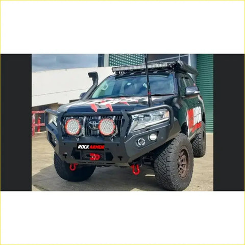 Black steel rockarmor gt hoop bullbar with led lights and red recovery hooks for toyota prado 4wd offroad use