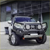 Silver toyota prado ute with black steel rockarmor gt hoop bullbar and roof rack for offroad 4wd use