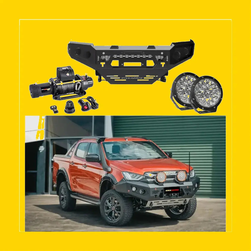 Black rugged rockarmor gt hoopless bullbar front bumper with integrated mounts and matte finish for isuzu dmax off-road use