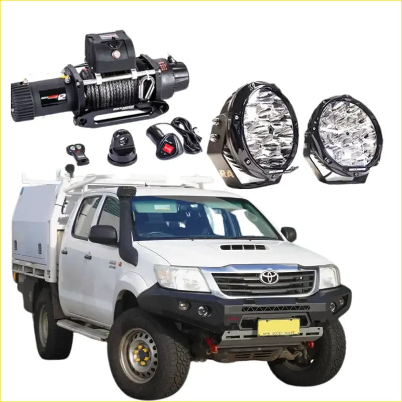 White toyota hilux ute with black rockarmor gt hoopless bullbar front combo equipped for offroad 4wd use