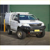 White toyota hilux ute with black rockarmor gt hoopless bullbar front bumper roof rack and side steps for offroad 4wd