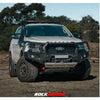 Silver ford everest 4wd ute with black rockarmor gt hoopless steel bullbar combo and roof rack for offroad use