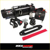 Black rockarmor m8 12,000-pound electric winch with coiled rope and controls for 4wd offroad ute recovery