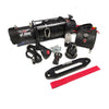 Black rockauto 12,000-pound electric winch with coiled rope and control components for offroad 4wd ute use