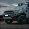 Gray ford ranger 4wd ute with rockarmor gt hoopless steel bullbar rugged front bumper offroad tires and roof rack