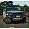 Silver ford everest 4wd ute with rockarmor gt hoopless steel bullbar black front bumper and roof rack for offroad use
