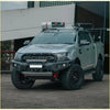 Silver ford ranger ute with black offroad tires and rockarmor gt hoopless steel bullbar for 4wd use