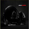 Black rockarmor motorcycle helmet with glossy finish and white logo paired with offroad 4wd ute steel hoop bullbar combo