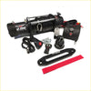 Black rockauto 12,000-pound electric winch with coiled rope and controls on rockarmor gt steel hoop bullbar for 4wd ute offroad