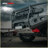Gray steel rockarmor gt bullbar combo with red recovery points and black mesh grille for next gen ford ranger 4wd ute
