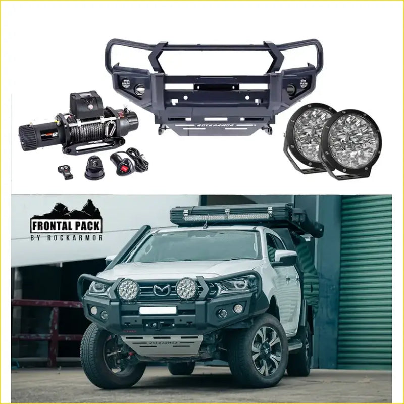 Black metal front bumper with integrated led lights and winch mount for offroad 4wd ute mazda bt50 2020+