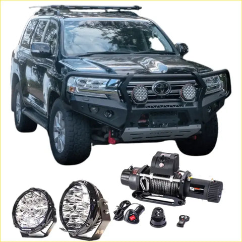 Black toyota land cruiser 300 with rockarmor gt steel hoop bullbar combo pack featuring led lights roof rack winch 4wd offroad