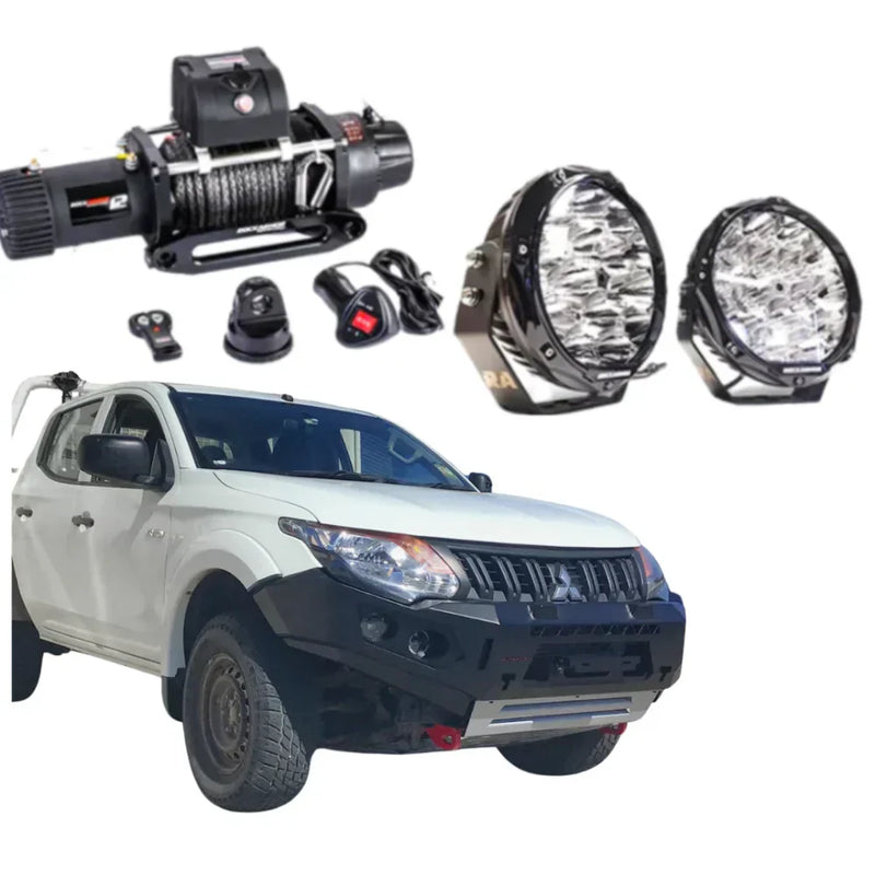 Black winch with coiled rope and remote on rockarmor gt steel hoopless bullbar combo for mitsubishi mq triton ute 4wd offroad