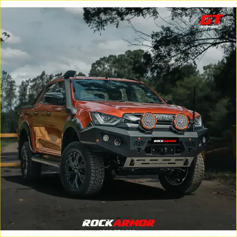 Orange isuzu ute with black steel rockarmor gt hoopless bullbar and dual led lights for offroad 4wd use