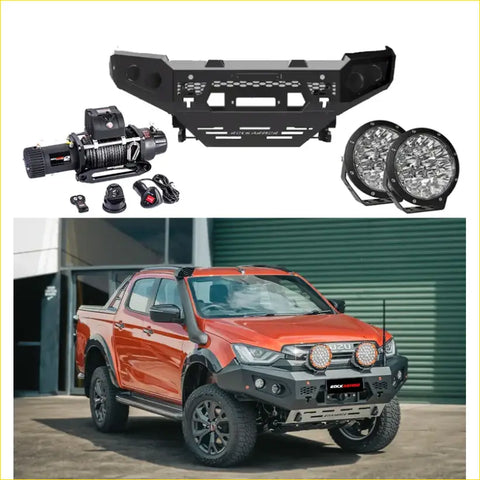 Black metal front bumper with integrated led lights and mounting points for offroad 4wd ute mazda bt50 2020+