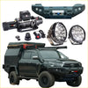 Black Toyota Hilux 4wd ute with Rockarmor GT steel hoopless bullbar combo, rugged bumper, roof rack, and offroad tent