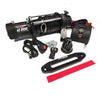 Black electric winch with synthetic winch rope and accessories for rockarmor gt steel hoopless bullbar on toyota landcruiser