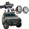 Black and silver steel rockarmor gt hoopless bullbar with led light bar and roof rack on toyota prado 4wd ute offroad