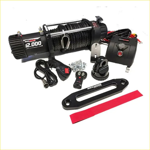 Black rockauto 12,000-pound electric winch with coiled steel cable for rockarmor bullbar on nissan d40 4wd ute offroad