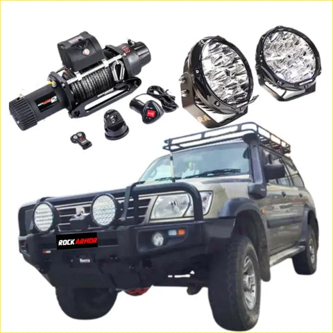 Black rugged offroad winch system with remote controls and mounting hardware for nissan patrol 4wd ute bullbar combo