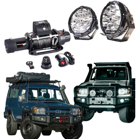 Black led light bar with rugged circular design and bright bulbs for offroad 4wd ute on rockarmor bullbar combo