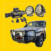 Black rockarmor premium bullbar with integrated circular headlights and rugged off-road design for toyota landcruiser fj100