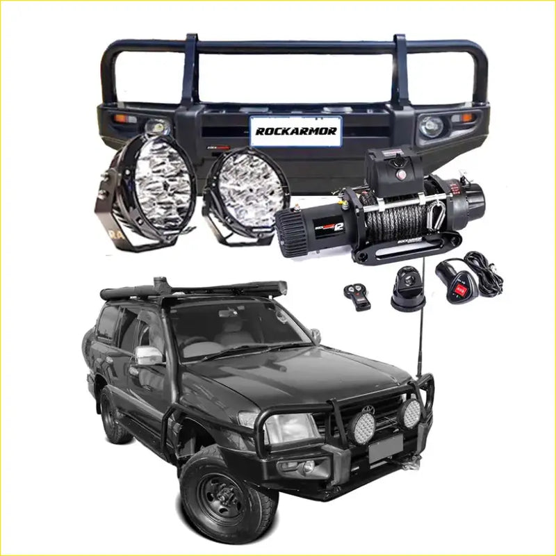 Black rockarmor premium bullbar front bumper with led lights and winch for toyota landcruiser fj105 4wd offroad use