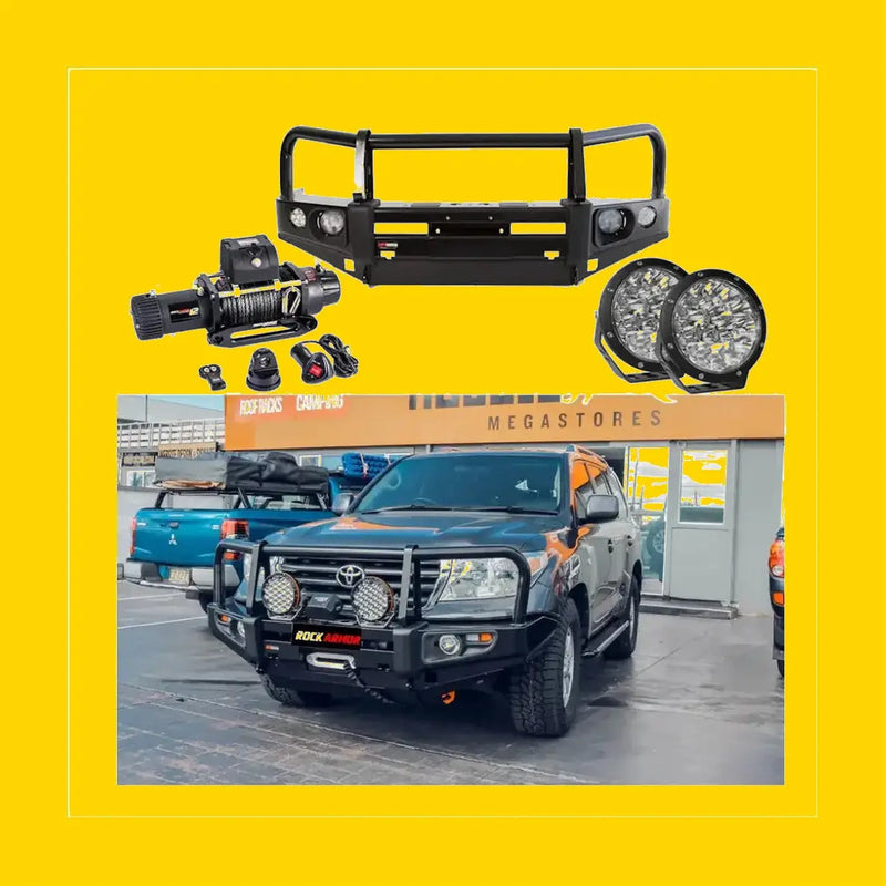Black rockarmor premium bullbar front bumper with integrated led lights and winch mount for toyota landcruiser 200 series