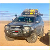 Dark gray 4wd ute with black steel rockarmor premium bullbar and roof rack carrying yellow gear for offroad use