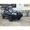 Black toyota hilux ute with rockarmor premium steel bullbar, rockarmor front bumper, and roof rack for offroad 4wd use