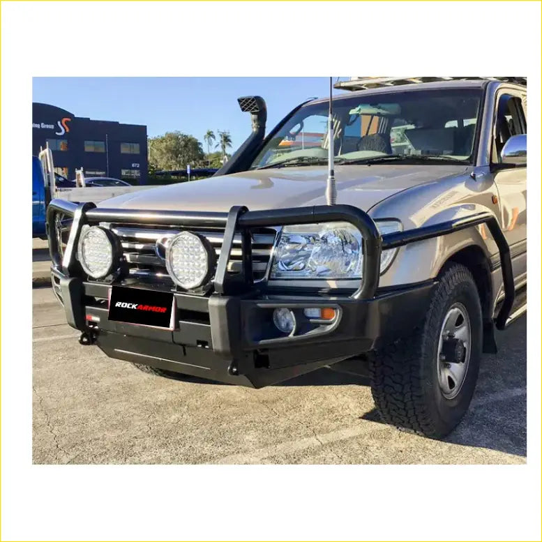 Black rockarmor premium steel bullbar with led lights for toyota landcruiser fj100 and lexus 4wd ute offroad use