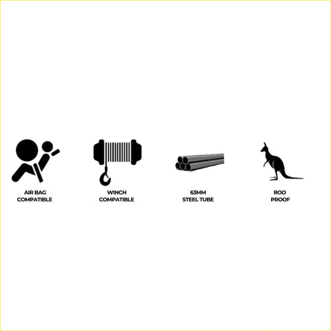 Black silhouette icons showing airbag winch compatibility 63mm steel tube and roof proof features for 4wd ute bullbar