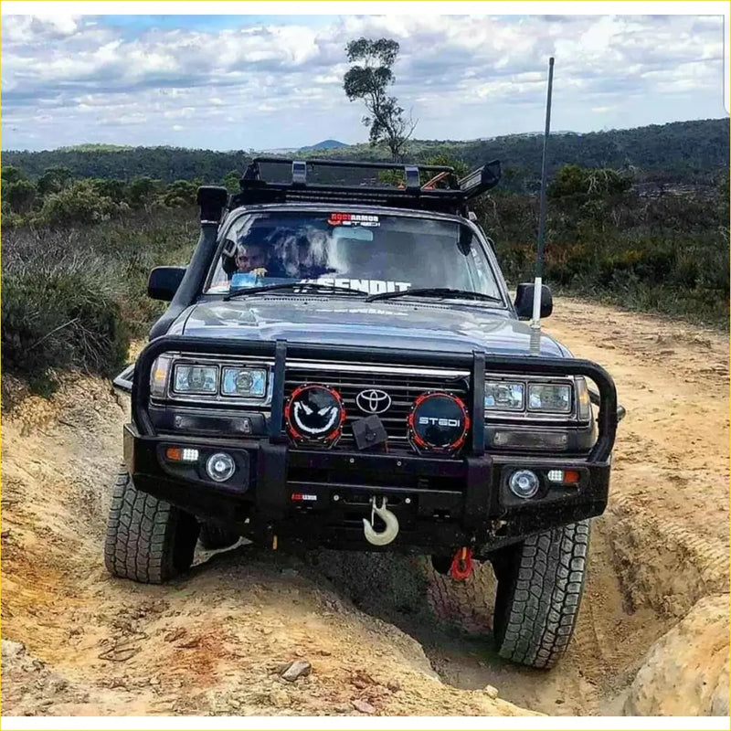 Black toyota land cruiser with rockarmor premium steel bullbar full bar replacement perfect for 4wd offroad use