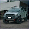 Silver ford ranger wildtrak with black off-road tires featuring rockarmor gt hoopless bullbar and rock sliders