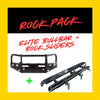 Black metal elite hoop bullbar with integrated headlights and rock sliders for offroad 4wd ute protection