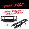 Black metal rockarmor elite hoop bullbar with integrated headlights and rock sliders for isuzu mux 4wd ute offroad use