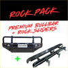 Black rockarmor premium bullbar with integrated rock sliders in rugged steel for offroad 4wd ute mitsubishi triton 2009-2015