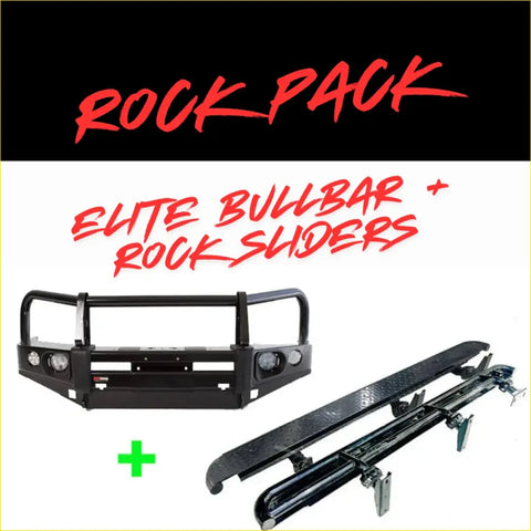 Black metal bullbar with integrated headlights and rock sliders for offroad 4wd ute mitsubishi triton mq elite pack