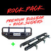 Black rockarmor premium bullbar with integrated rock sliders made of rugged steel for offroad 4wd ute nissan patrol gu1