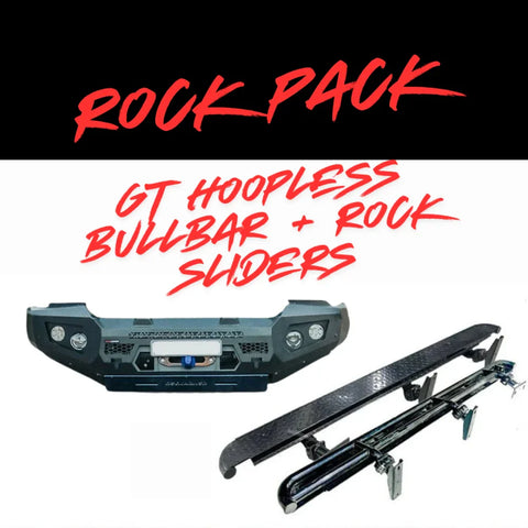 Black gt hoopless bullbar with integrated lights and rock sliders for tough offroad 4wd ute use on toyota 79